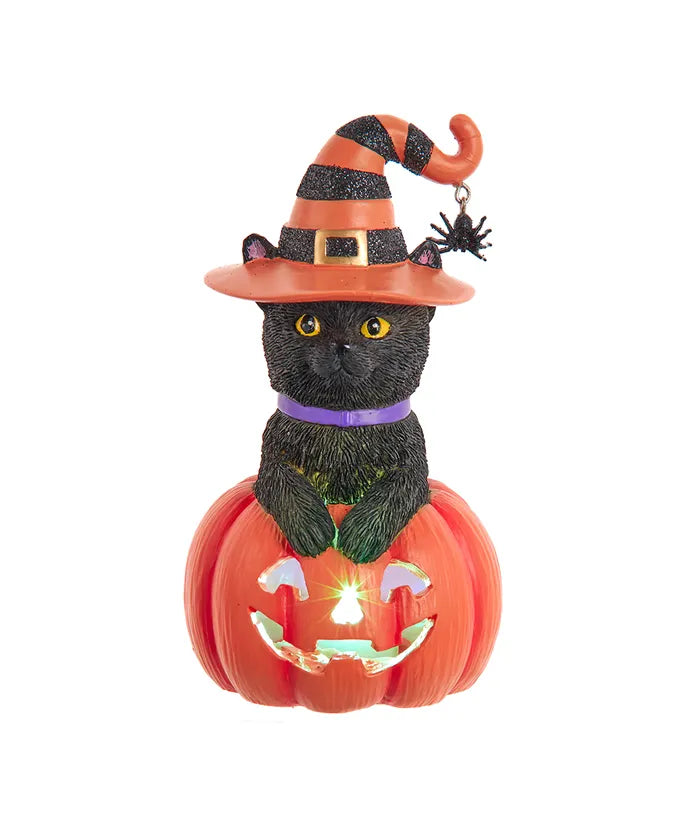 Halloween Black Cat on Pumpkin LED Figurine