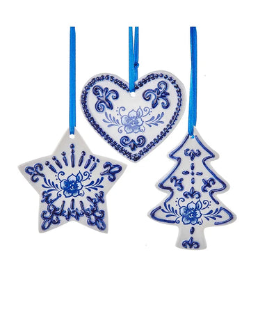 Blue and White Heart, Tree, or Star Ornament - (Single) Various Options