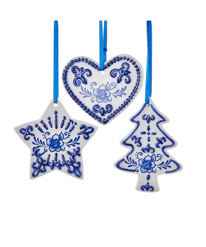 Blue and White Heart, Tree, or Star Ornament - (Single) Various Options