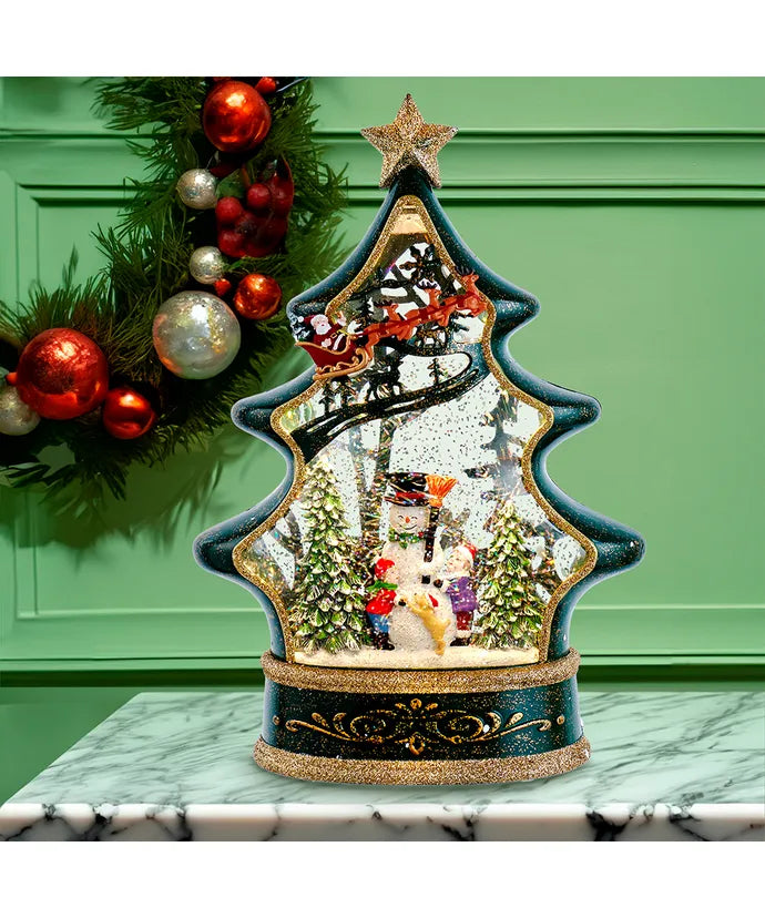 Snowman Tree with Santa Sleigh 11.5" Water Lantern