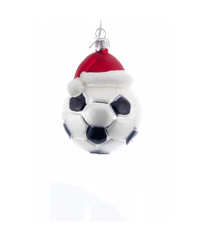 Glass Soccer Ball with Santa Hat Ornament