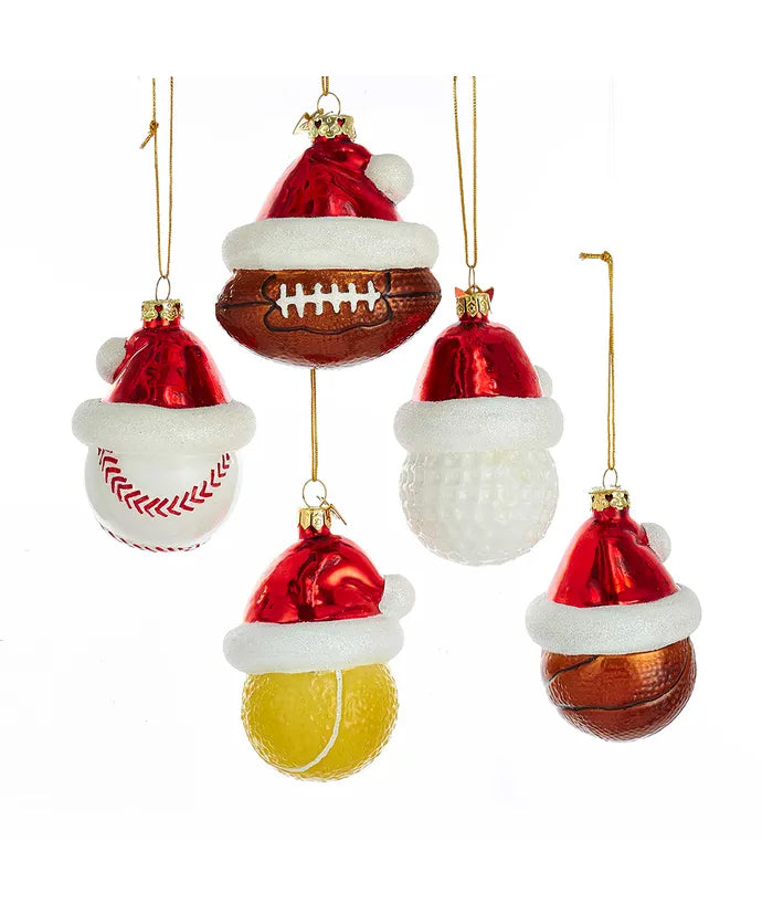 Glass Sports Ball With Santa Hat Ornament - Single, Various Sports