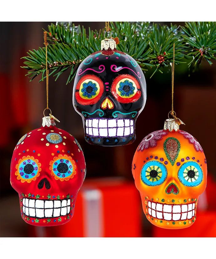 Glass Sugar Skull Ornament - Single, Various Styles
