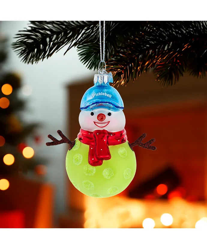 Glass Pickleball Snowman Ornament