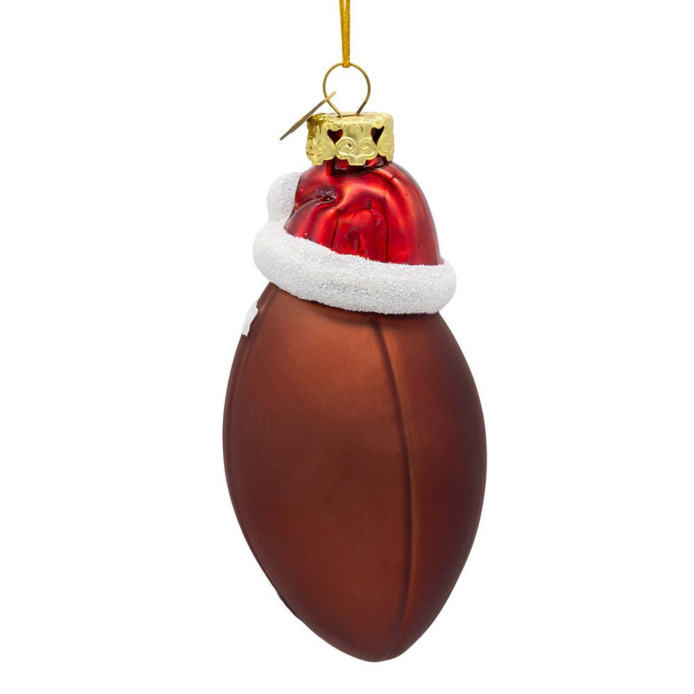 Glass Football With Santa Hat Ornament