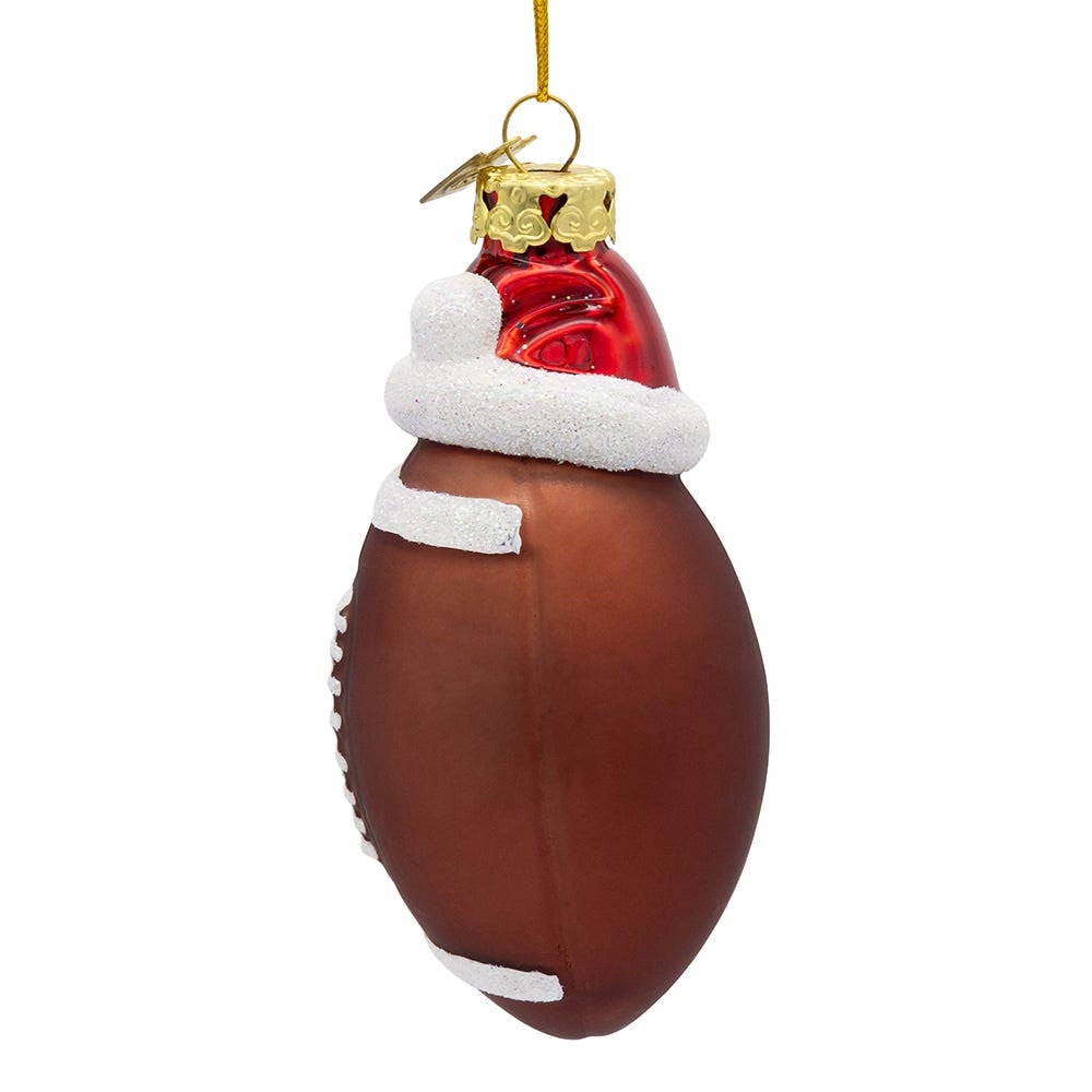 Glass Football With Santa Hat Ornament
