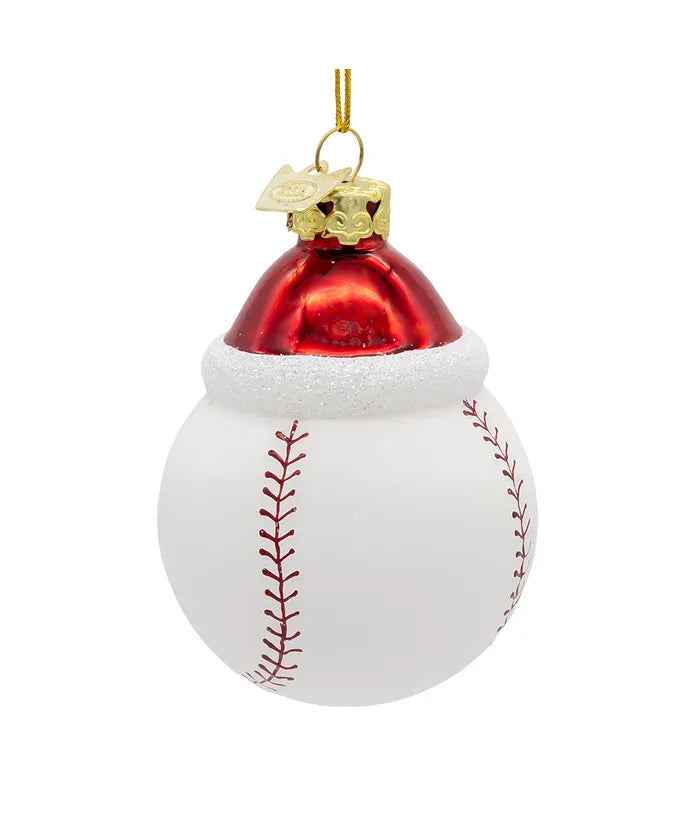 Glass Baseball With Santa Hat Ornament