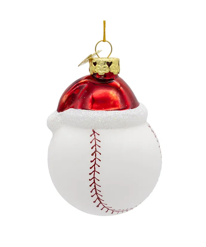 Glass Baseball With Santa Hat Ornament