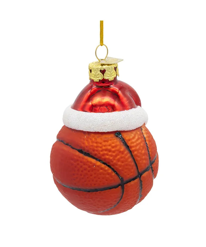 Glass Basketball With Santa Hat Ornament