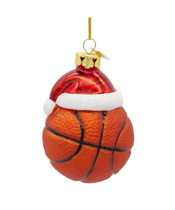 Glass Basketball With Santa Hat Ornament
