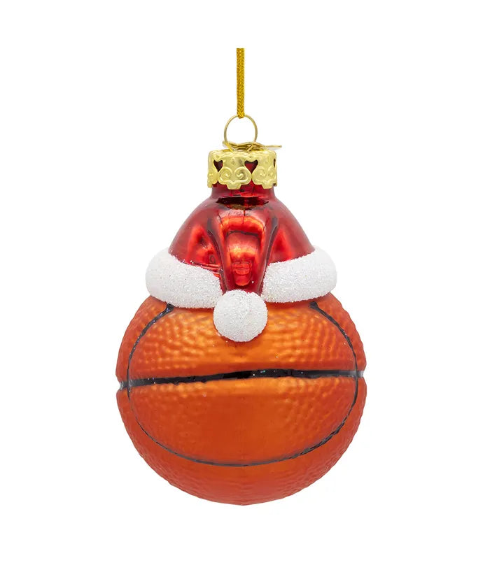 Glass Basketball With Santa Hat Ornament