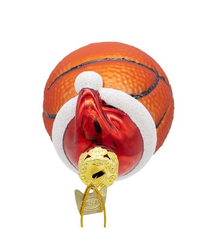 Glass Basketball With Santa Hat Ornament