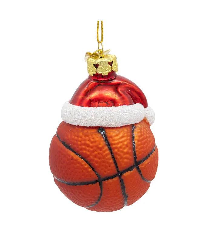 Glass Basketball With Santa Hat Ornament