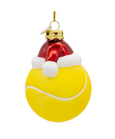 Glass Tennis Ball With Santa Hat Ornament