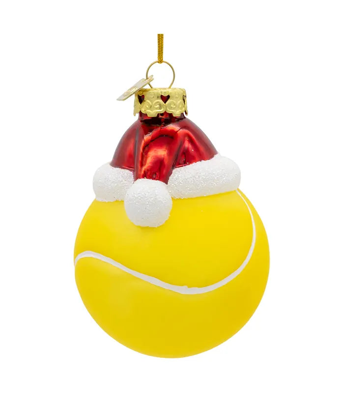 Glass Tennis Ball With Santa Hat Ornament