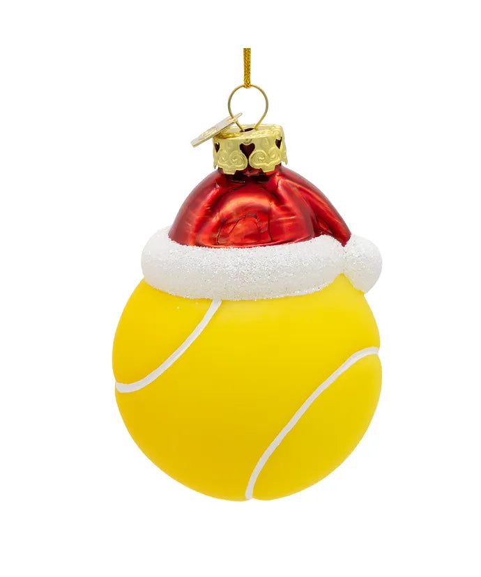 Glass Tennis Ball With Santa Hat Ornament