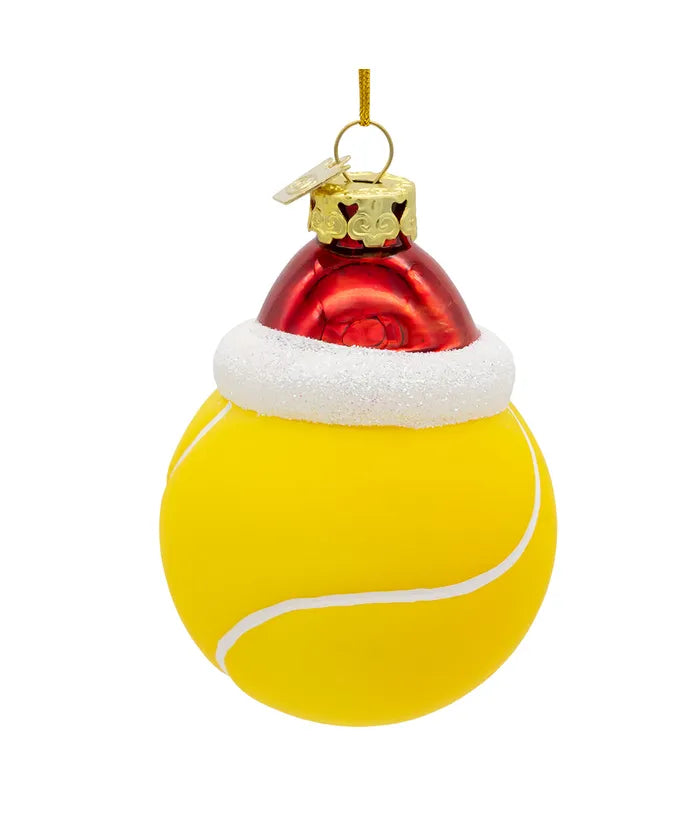 Glass Tennis Ball With Santa Hat Ornament