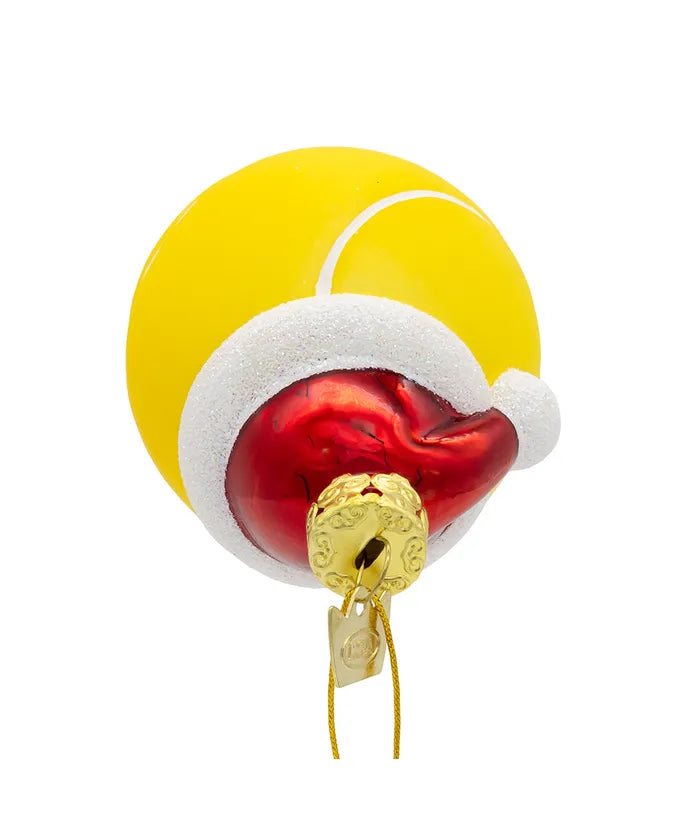 Glass Tennis Ball With Santa Hat Ornament