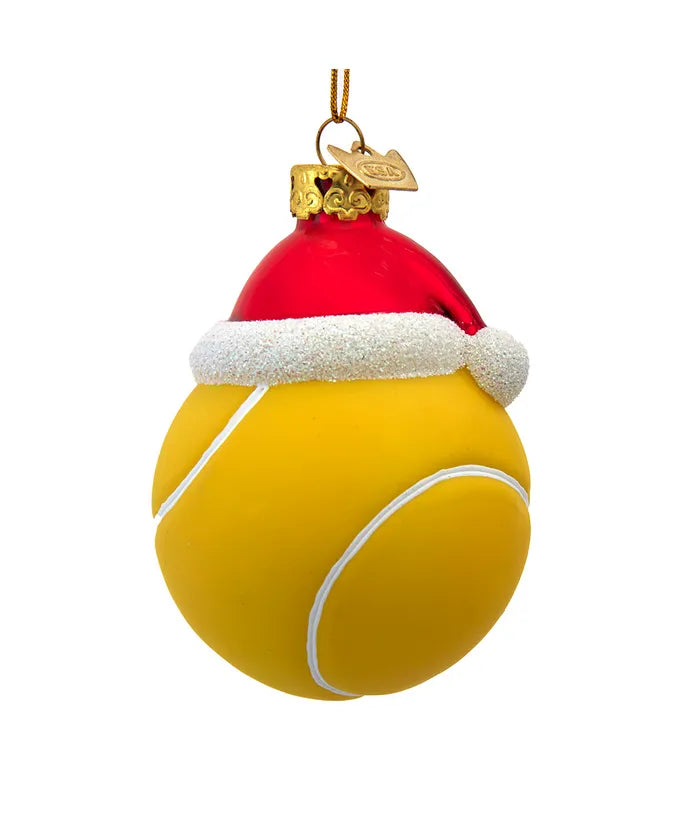 Glass Tennis Ball With Santa Hat Ornament