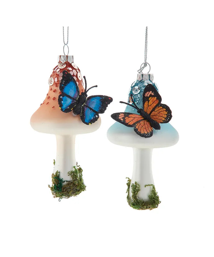Glass Butterfly on Mushroom Ornament - Single, Various Styles