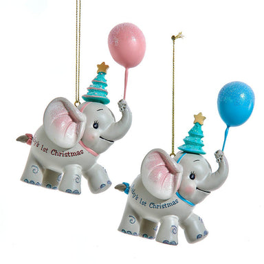 Baby's 1st Christmas Elephant With Balloon Ornament (Single) - Choose Pink or Blue