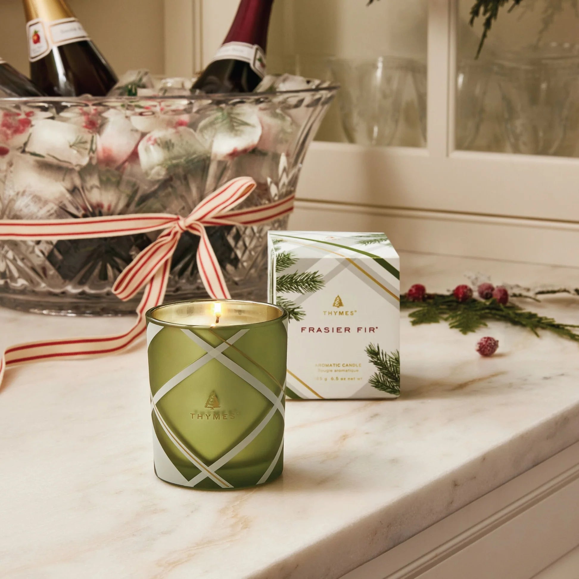 Thymes Frasier Fir Frosted Plaid 6.5 oz Poured Candle