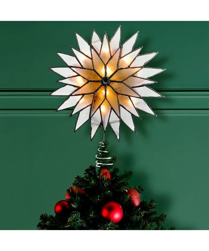Capiz Silver and White Light Up Sunburst Tree Topper