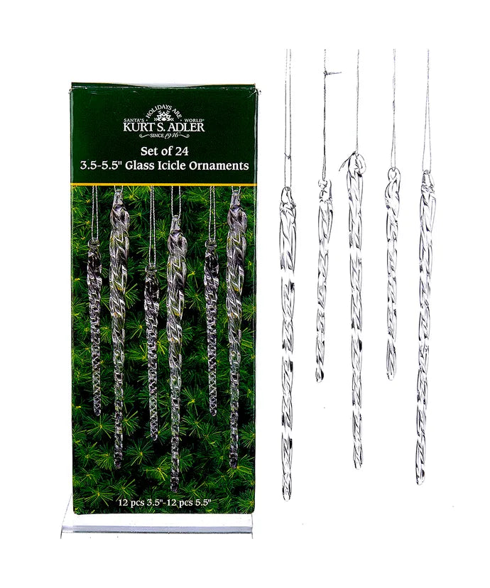 Clear Glass Icicle Ornaments 3.5" & 5.5" - Set of 24