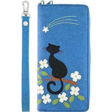 Lavishy Applique Cat on Branch - Wristlet Wallet Blue .  