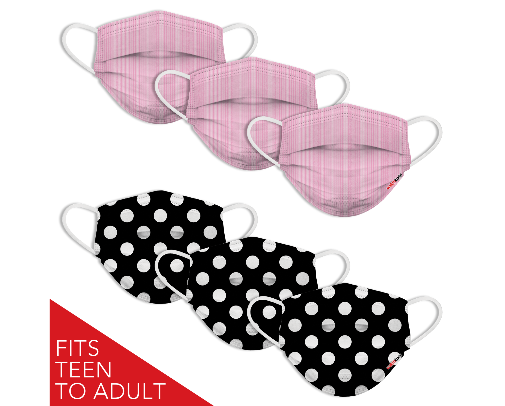6 Pack Disposable Masks - Polka Dot & Pink Ribbon    