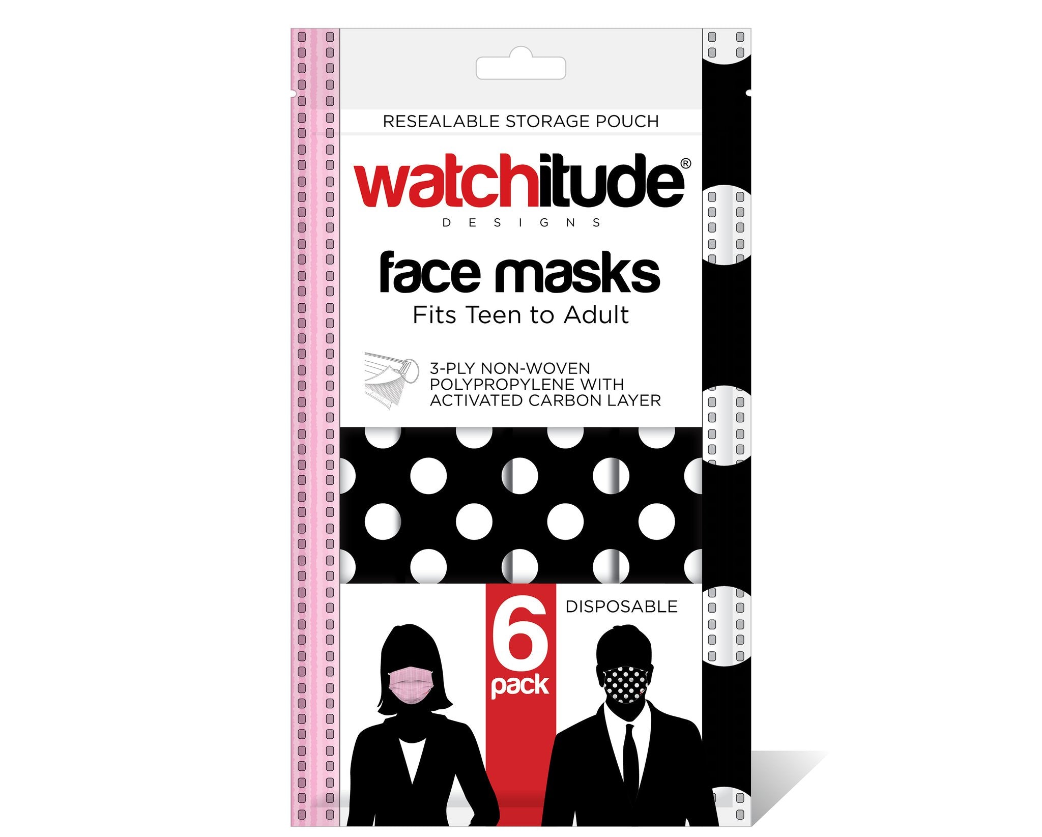 6 Pack Disposable Masks - Polka Dot & Pink Ribbon    