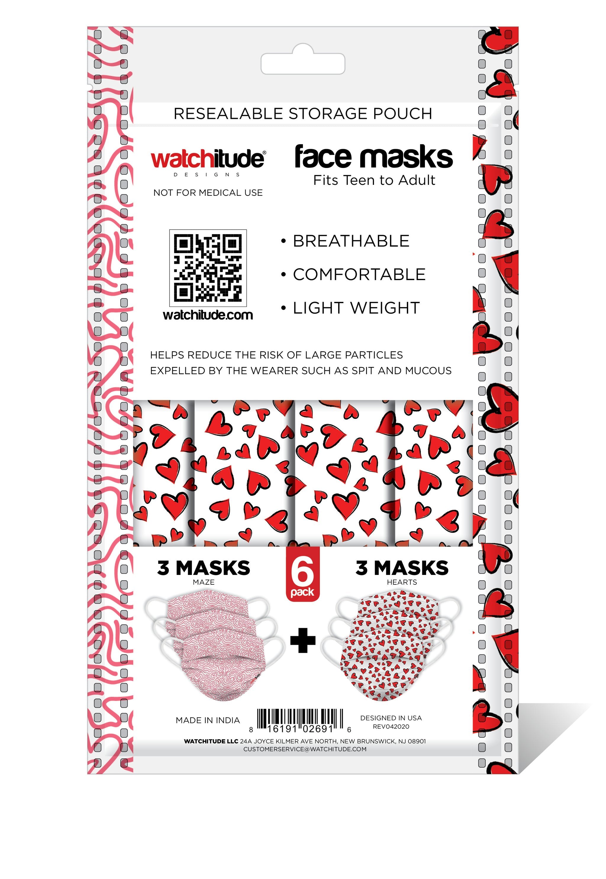 6 Pack Disposable Masks - Maze & Hearts    