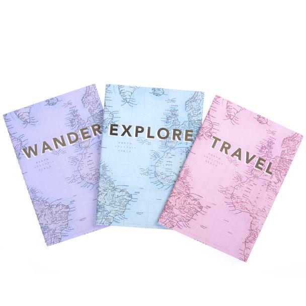 Travel, Explore, Wander Pastel Map - Set of 3 Mini Journals    