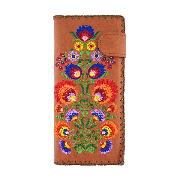 Lavishy Embroidered Bohemian Flower - Large Flat Vegan Wallet Brown .  