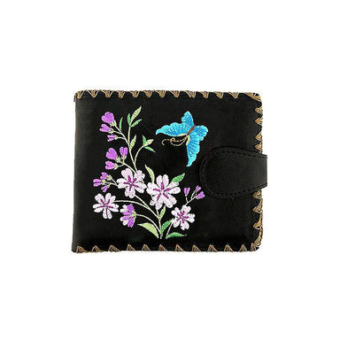 Lavishy Embroidered Cherry Blossom & Butterfly - Medium Vegan Wallet Black .  