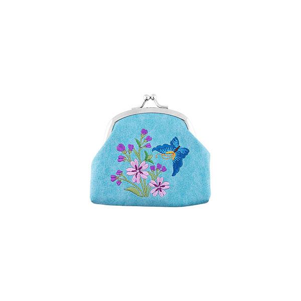 Lavishy Embroidered Butterfly & Cherry Blossom - Vegan Coin Purse Baby Blue .  