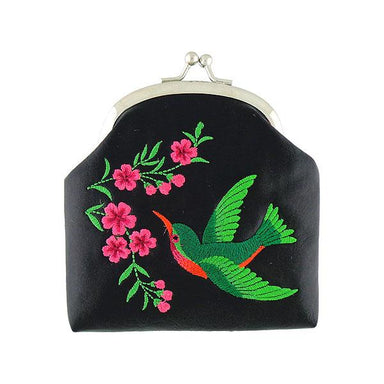 Lavishy Embroidered Hummingbird & Flower - Vegan Coin Purse Black .  