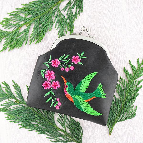 Lavishy Embroidered Hummingbird & Flower - Vegan Coin Purse    