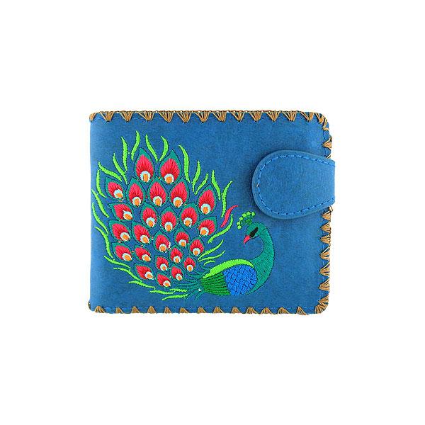 Lavishy Embroidered Peacock - Medium Vegan Wallet Blue .  