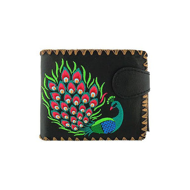 Lavishy Embroidered Peacock - Medium Vegan Wallet Black .  