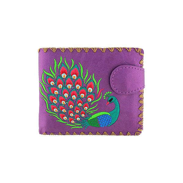Lavishy Embroidered Peacock - Medium Vegan Wallet Purple .  