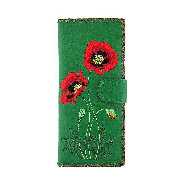 Lavishy Embroidered Poppy Flower - Large Flat Vegan Wallet Green .  