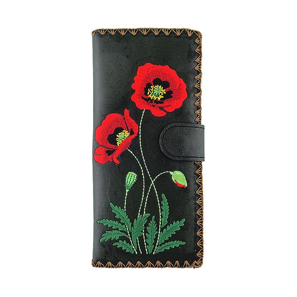 Lavishy Embroidered Poppy Flower - Large Flat Vegan Wallet Black .  3272124.1