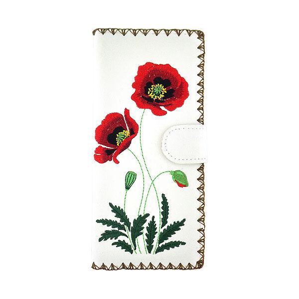 Lavishy Embroidered Poppy Flower - Large Flat Vegan Wallet White .  