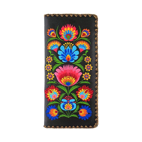 Lavishy Embroidered Polish Style Flora - Large Flat Vegan Wallet Black .  3272122.4