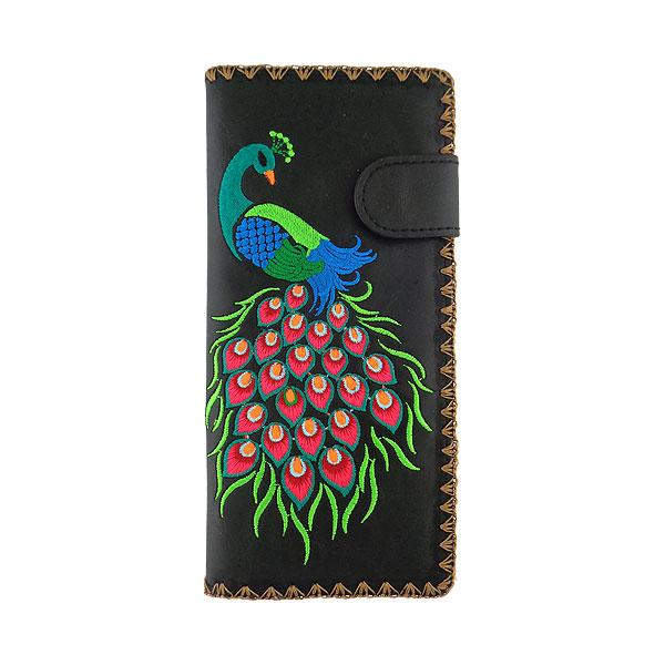 Lavishy Embroidered Peacock - Large Flat Vegan Wallet Black   