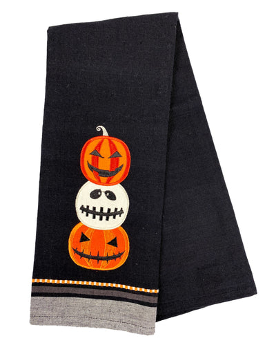 Applique and Embroidery Stack Of Jack O' Lanterns Dishtowel    