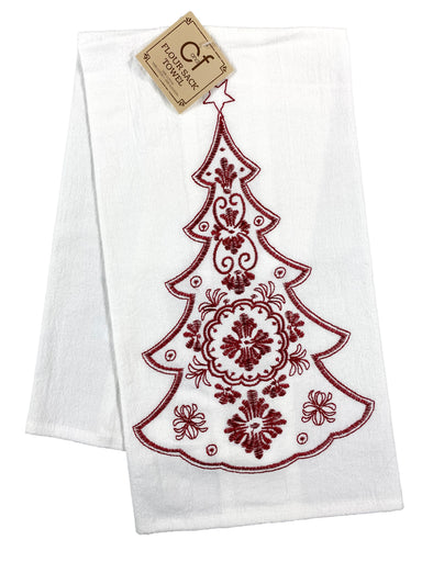 Red Nordic Holiday Tree - Flour Sack Kitchen Towel    