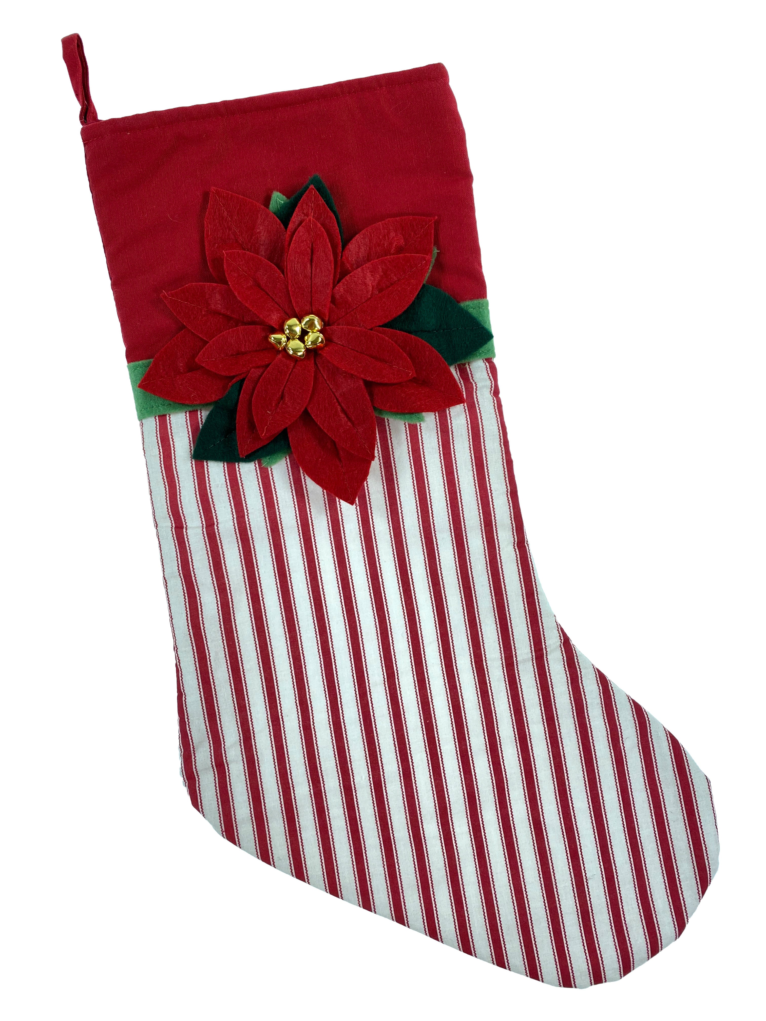 Stocking - Red and White Stripe With 3D Poinsettia    