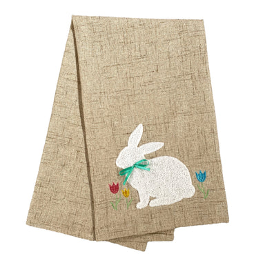 White Bunny With Tulips Embellished Dishtowel    